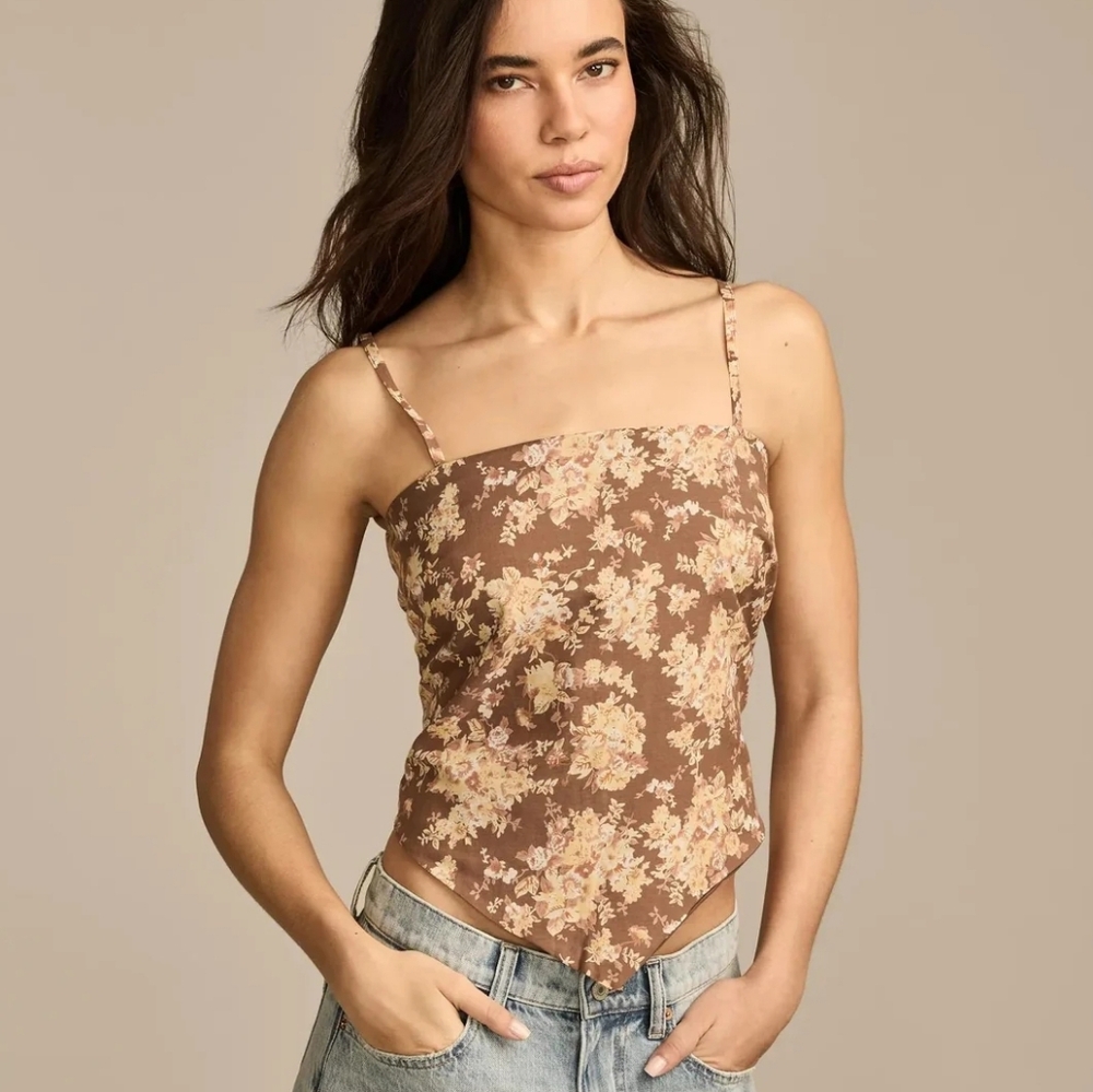 Lucky Brand Hanky Hem Scarf Top Brown Size Small Floral Spaghetti Strap Summer